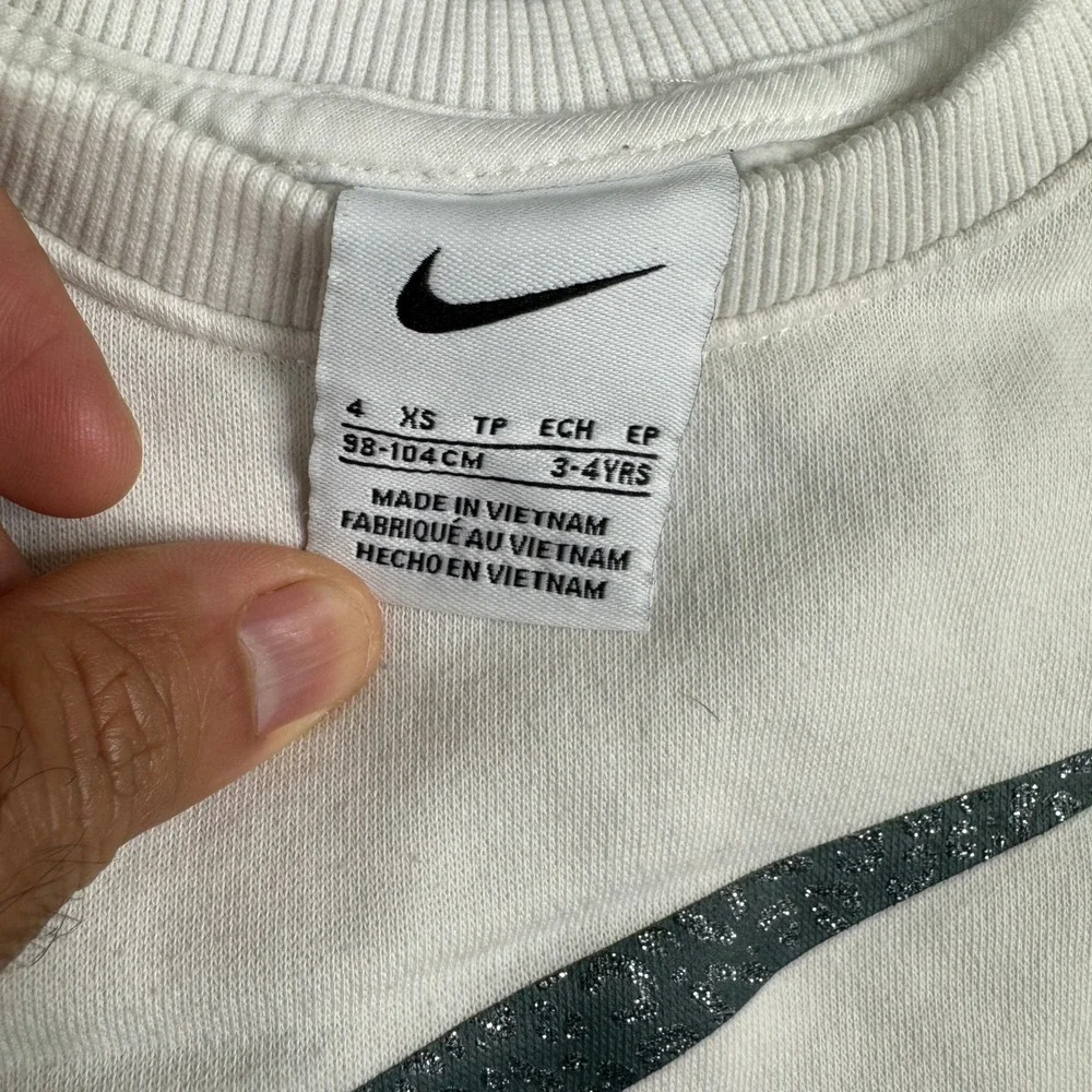 Nike Sweatshirt Kids Size 4XS Off-White Green Glitter Swoosh Logo Pullover